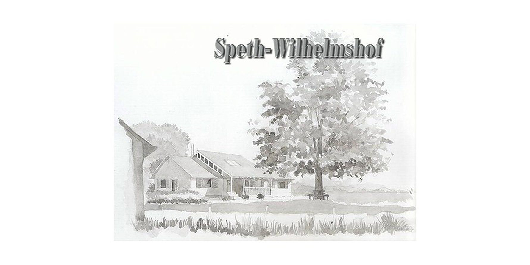 Aquarell des Hofs mit Wohnhaus und Kastanie, dazu der Schriftzug „Speth-Wilhelmshof“