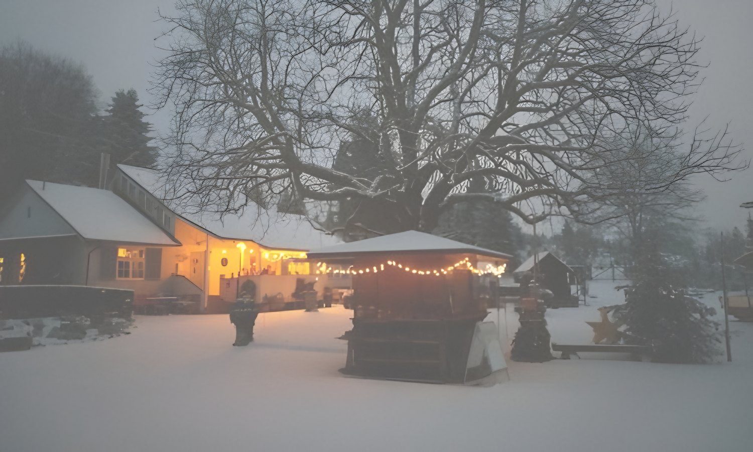Verkaufshütte mit Lichterkette in der Winterdämmerung auf dem Hof